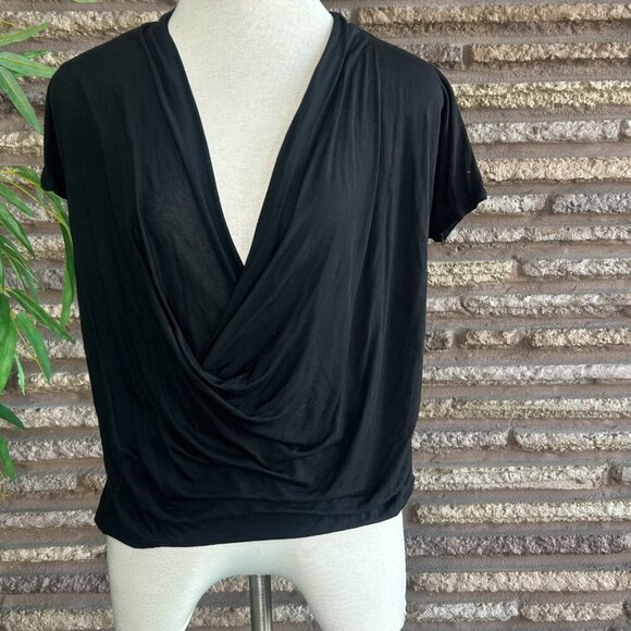 Pursue Black Deep V Faux Wrap Gauzy Short Sleeve Tencel Top Size Small - Picture 10 of 10